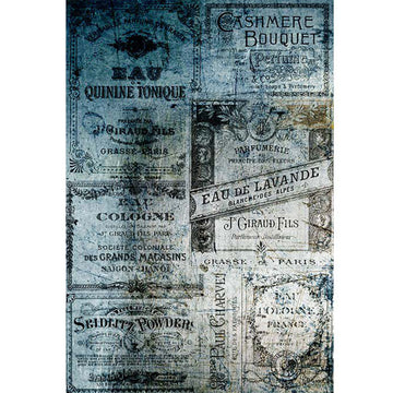 Rice paper featuring a playful blue-tinted collage of classic French apothecary labels.