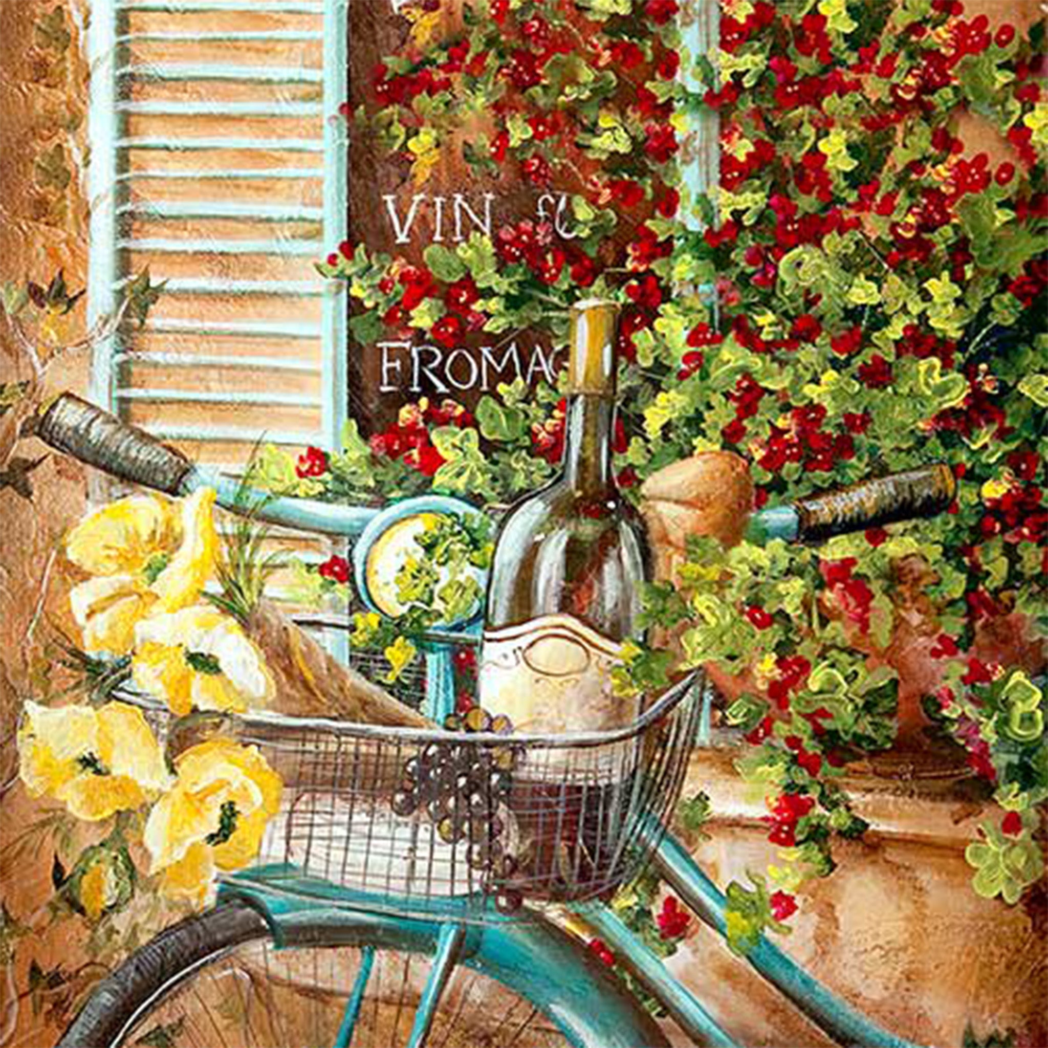 Close-up of a rice paper featuring a charming bicycle with wine, bread, flowers, and grapes in front of a French cafe.