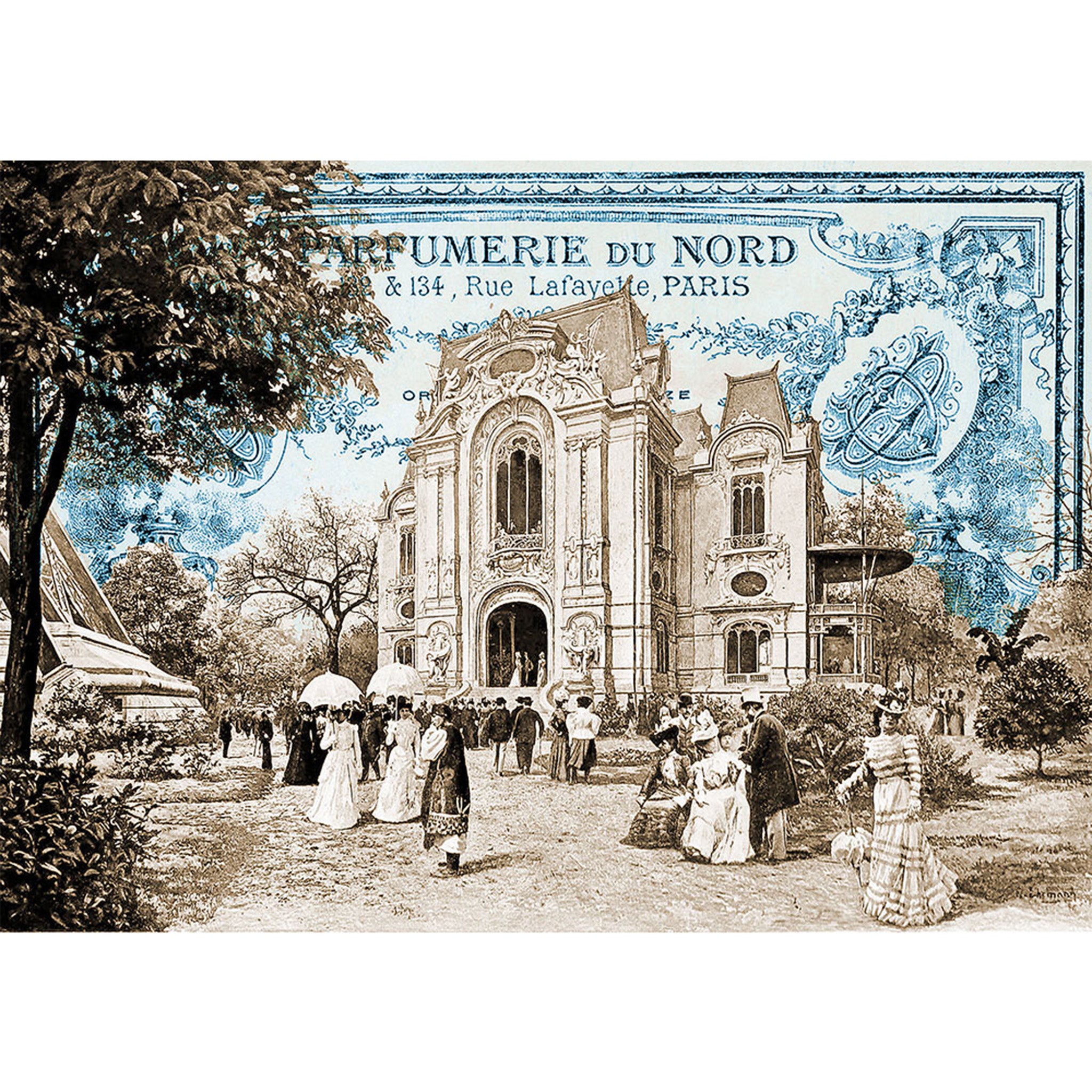 Rice paper design of a vintage, blue document backdrop featuring a charming French chateau and elegantly dressed Victorian figures. White borders are on the top and bottom.