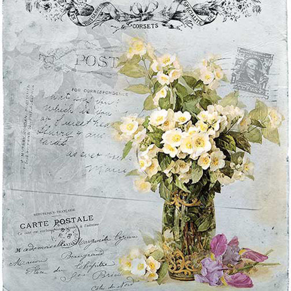 Vase of white flowers on a vintage-style postcard background