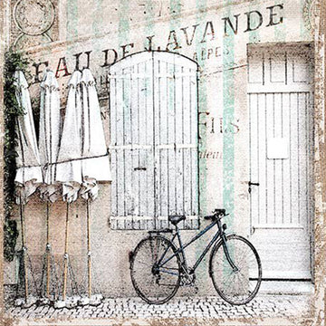 Close-up of a rice paper featuring a charming bicycle against a vintage building with elegant French scripting and soft cream and mint stripes.
