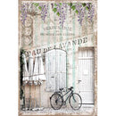 Rice paper featuring a charming bicycle against a vintage building with elegant French scripting and soft cream and mint stripes.