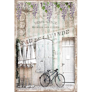 Rice paper featuring a charming bicycle against a vintage building with elegant French scripting and soft cream and mint stripes.