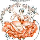 Close-up of a rice paper featuring a French woman in a salmon colored dress dancing beneath a garland of flowers.