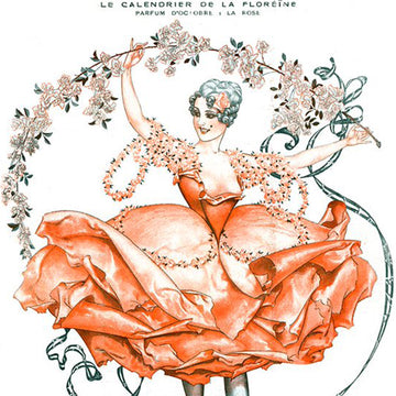 Close-up of a rice paper featuring a French woman in a salmon colored dress dancing beneath a garland of flowers.