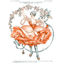 Rice paper featuring a French woman in a salmon colored dress dancing beneath a garland of flowers.