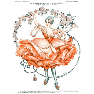 Rice paper featuring a French woman in a salmon colored dress dancing beneath a garland of flowers.