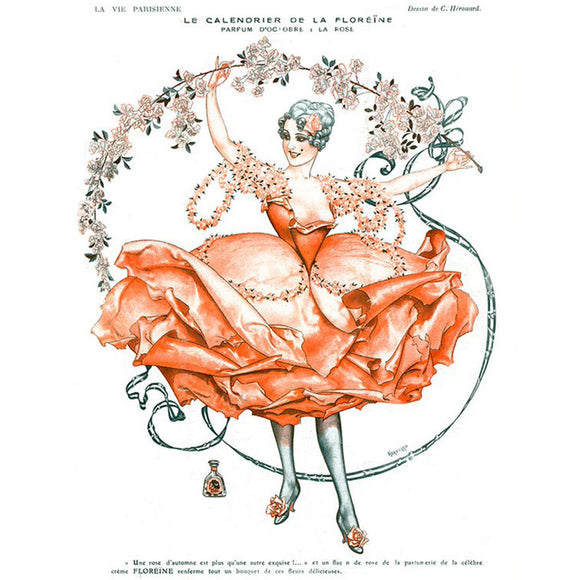 Rice paper featuring a French woman in a salmon colored dress dancing beneath a garland of flowers.