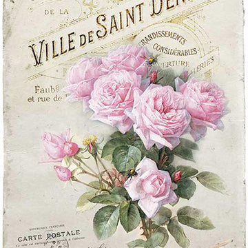 Vintage-style card with pink roses and French text on a light background