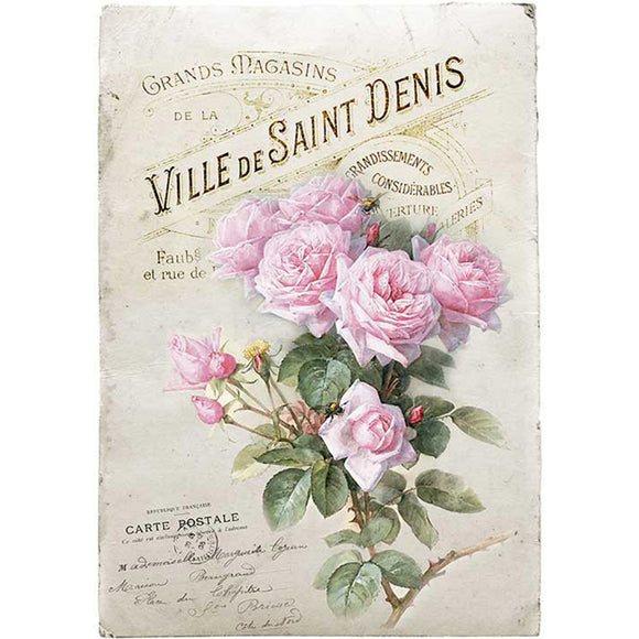 Vintage-style card with pink roses and French text on a light background