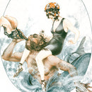 Close-up of a rice paper featuring a vintage design of a merman playing a conch shell horn with a female swimmer on his shoulders.