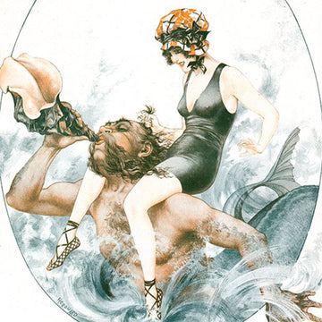 Close-up of a rice paper featuring a vintage design of a merman playing a conch shell horn with a female swimmer on his shoulders.