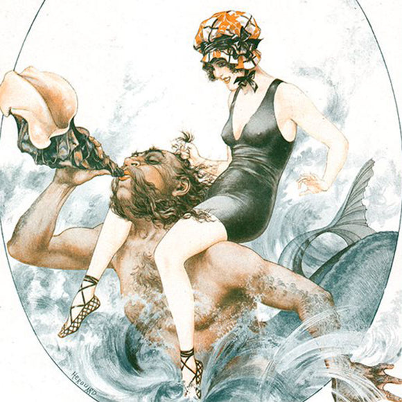 Close-up of a rice paper featuring a vintage design of a merman playing a conch shell horn with a female swimmer on his shoulders.