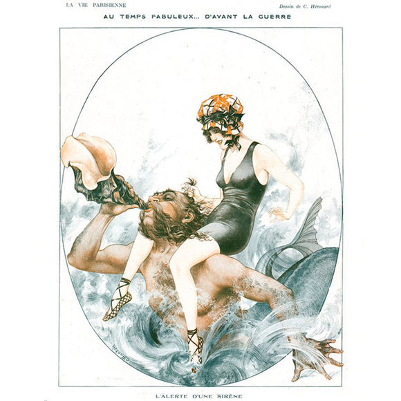 Rice paper featuring a vintage design of a merman playing a conch shell horn with a female swimmer on his shoulders.