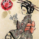 Close-up of a rice paper featuring a charming geisha seated with a teapot surrounded by delicate flowers against a warm beige backdrop.