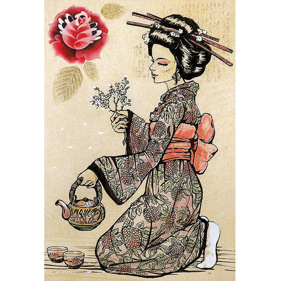 Rice paper featuring a charming geisha seated with a teapot surrounded by delicate flowers against a warm beige backdrop.