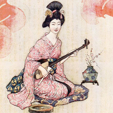 Close-up of a rice paper featuring a serene geisha poised to play her shamisen against a backdrop with Japanese writing and pink flowers.
