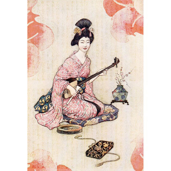 Rice paper featuring a serene geisha poised to play her shamisen against a backdrop with Japanese writing and pink flowers.