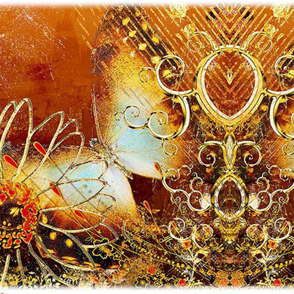 Close-up of a rice paper featuring dazzling gold metal ornate flowers and broach designs brilliantly against a rich brick orange backdrop.
