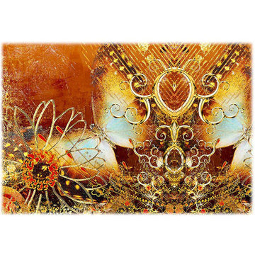 Rice paper featuring dazzling gold metal ornate flowers and broach designs brilliantly against a rich brick orange backdrop.