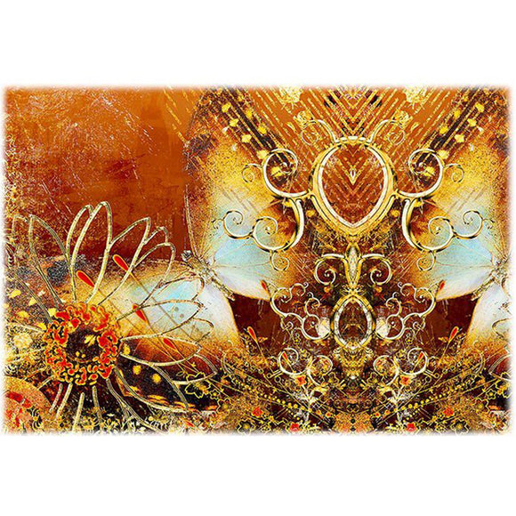 Rice paper featuring dazzling gold metal ornate flowers and broach designs brilliantly against a rich brick orange backdrop.