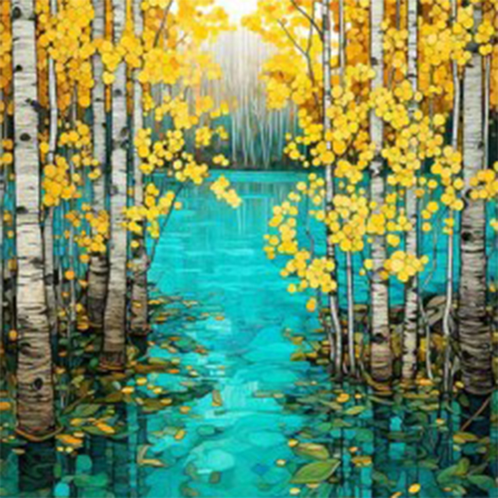 Close-up of a rice paper featuring golden aspen trees growing in tranquil teal waters.