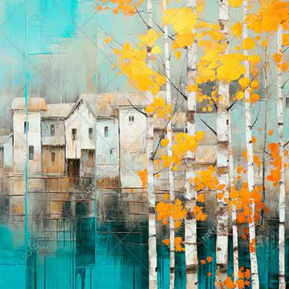 Close-up of a rice paper featuring white cottages by a lake nestled among golden aspen trees.