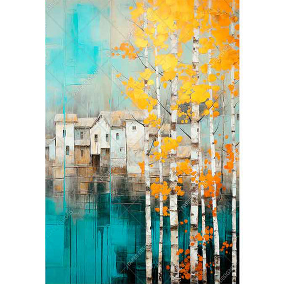Rice paper featuring white cottages by a lake nestled among golden aspen trees.