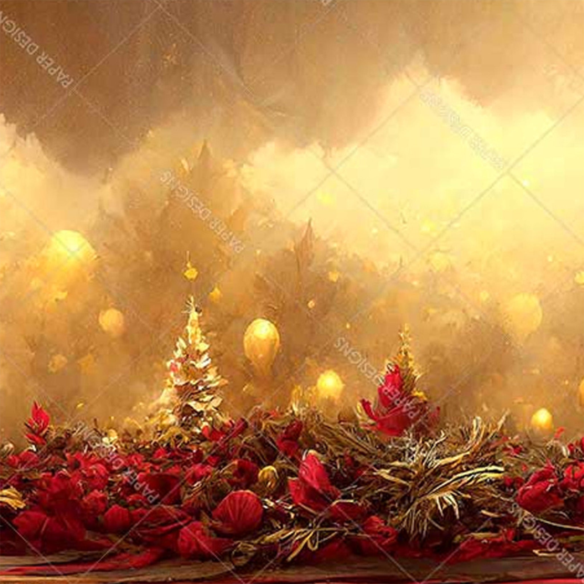 Close-up of a rice paper featuring a golden glow and charming Christmas trees and flowers.