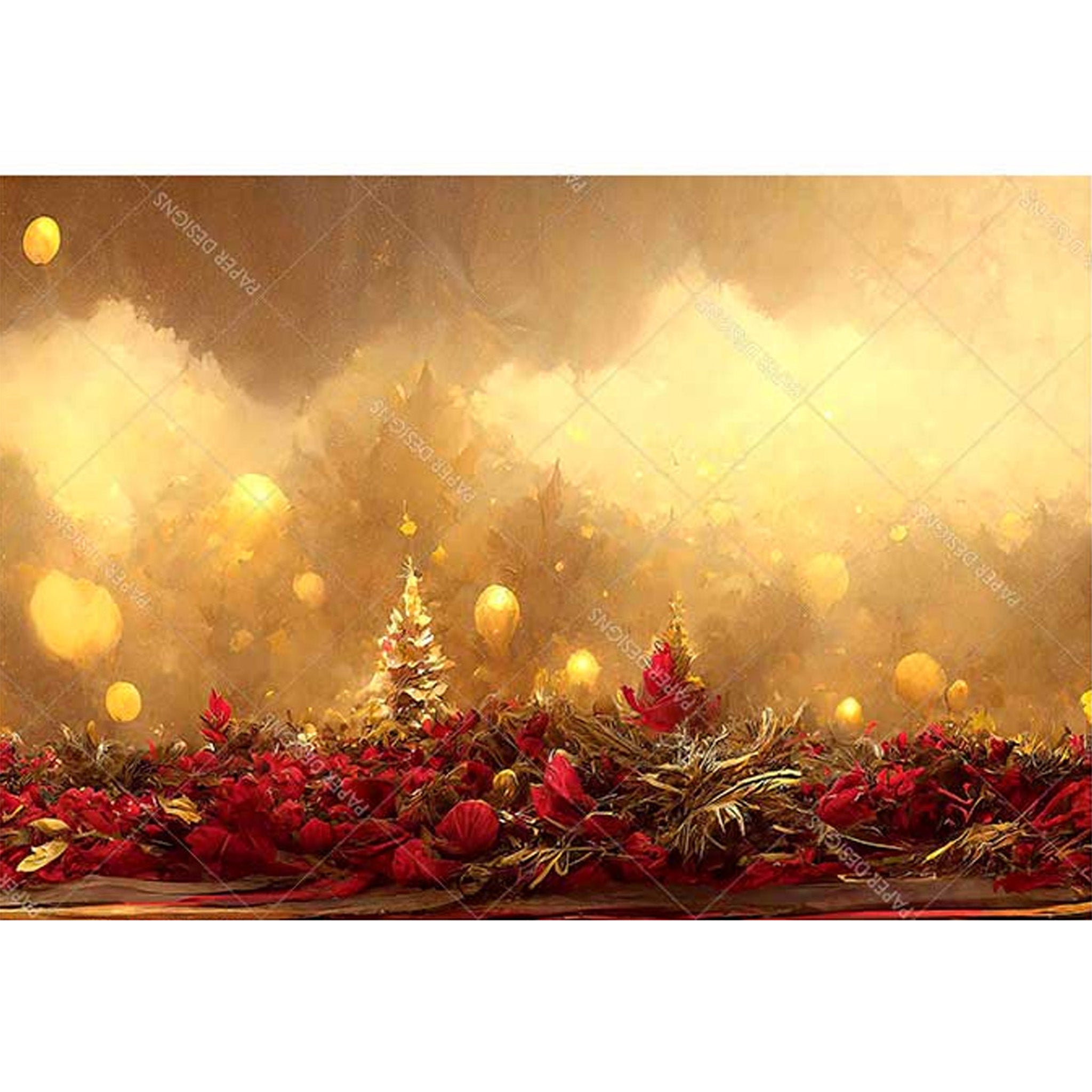 Rice paper featuring a golden glow and charming Christmas trees and flowers.