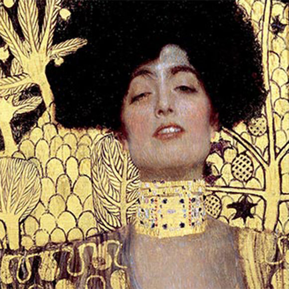 Close-up of a rice paper featuring a stunning art nouveau painting of "Judith and the Head of Holofernes"; a portrait of a woman in a sheer top against a luxurious golden wallpaper design. 