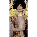 Rice paper featuring a stunning art nouveau painting of "Judith and the Head of Holofernes"; a portrait of a woman in a sheer top against a luxurious golden wallpaper design. White borders are on the sides.