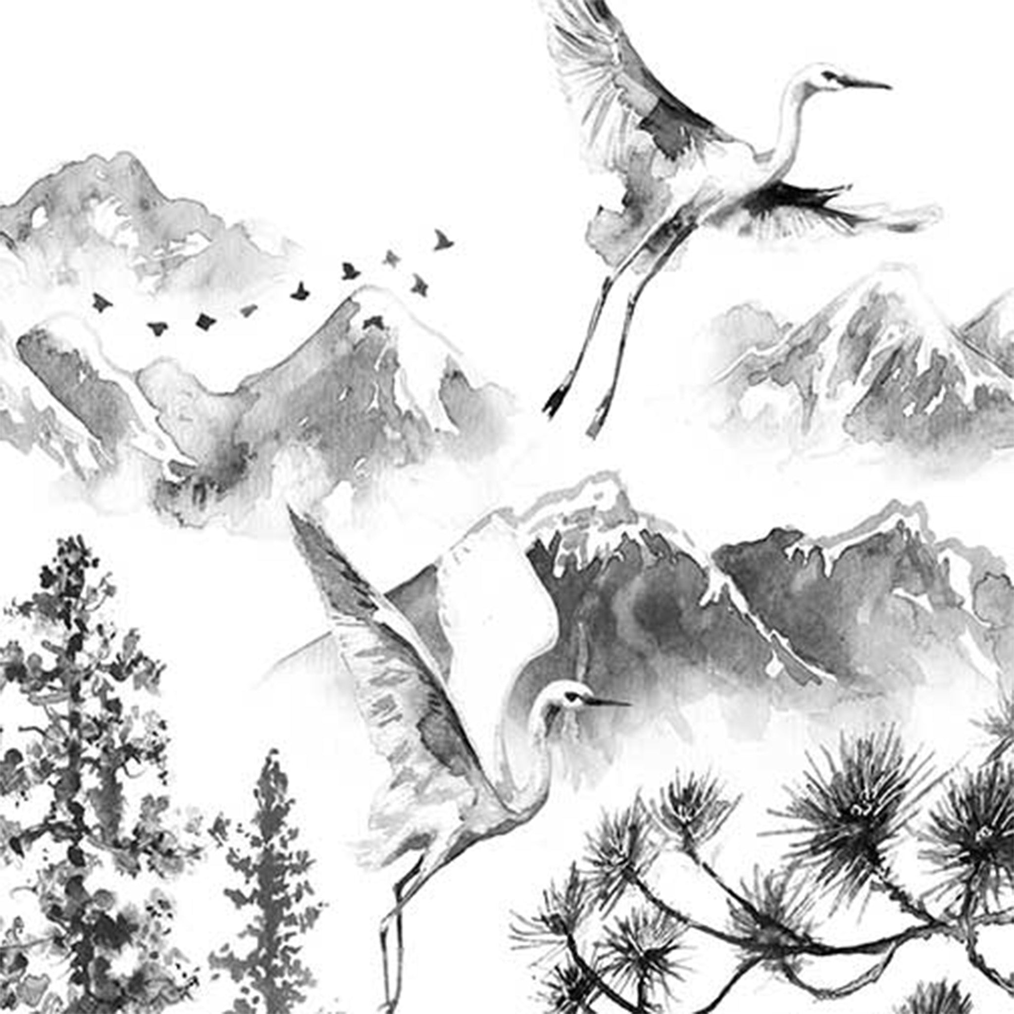 Close-up of a rice paper design featuring a black & white watercolor painting of elegant cranes soaring over the mountains and pine trees.