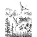 Rice paper design featuring a black & white watercolor painting of elegant cranes soaring over the mountains and pine trees. White borders are on the sides.