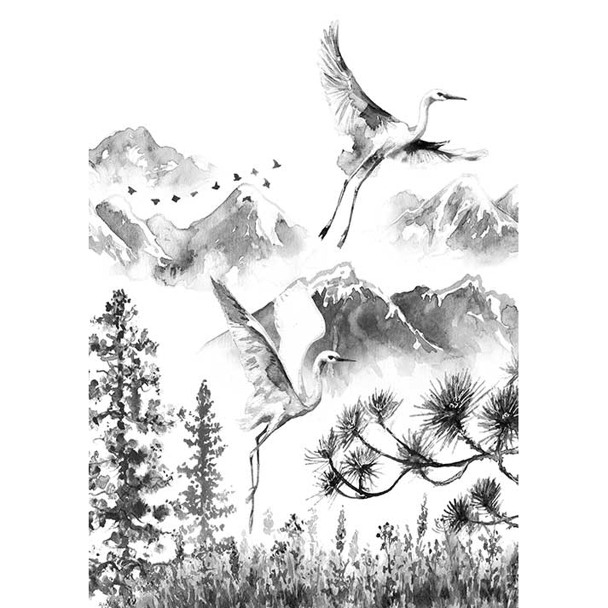 Rice paper design featuring a black & white watercolor painting of elegant cranes soaring over the mountains and pine trees. White borders are on the sides.