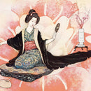 Close-up of a rice paper featuring a playful geisha kneeling on a rug looking in a hand mirror against a soft pink floral backdrop.