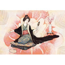 Rice paper featuring a playful geisha kneeling on a rug looking in a hand mirror against a soft pink floral backdrop.