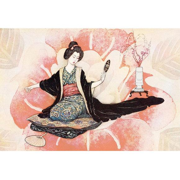 Rice paper featuring a playful geisha kneeling on a rug looking in a hand mirror against a soft pink floral backdrop.