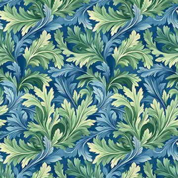 Close-up of a rice paper featuring a repeating blue and green flourishing leaf pattern.