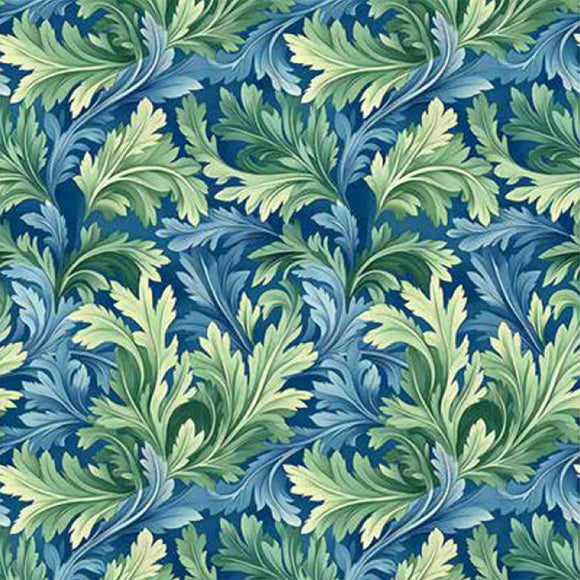 Close-up of a rice paper featuring a repeating blue and green flourishing leaf pattern.