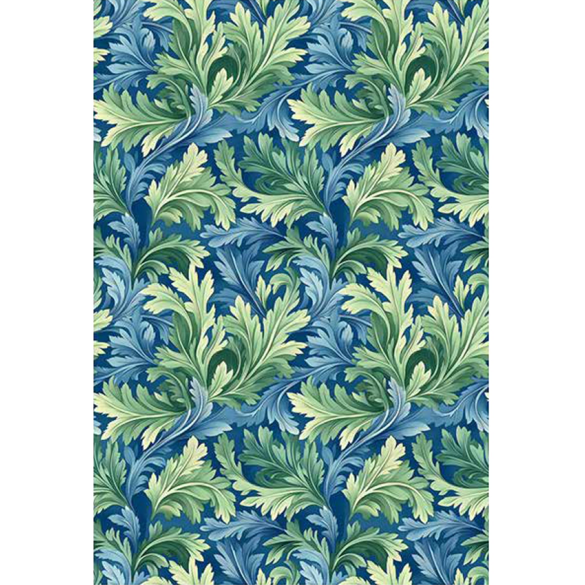 Rice paper featuring a repeating blue and green flourishing leaf pattern. White borders are on the sides.