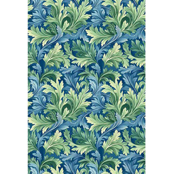 Rice paper featuring a repeating blue and green flourishing leaf pattern. White borders are on the sides.