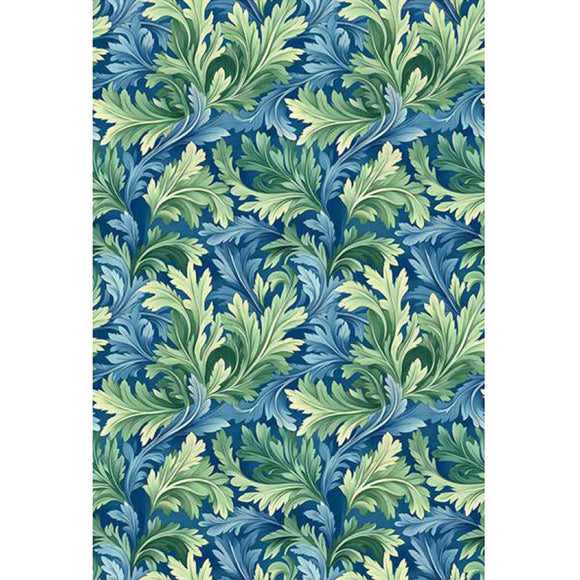 Rice paper featuring a repeating blue and green flourishing leaf pattern. White borders are on the sides.