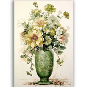 Rice paper featuring a beautiful green vase bursting with a bouquet of cream and yellow flowers.