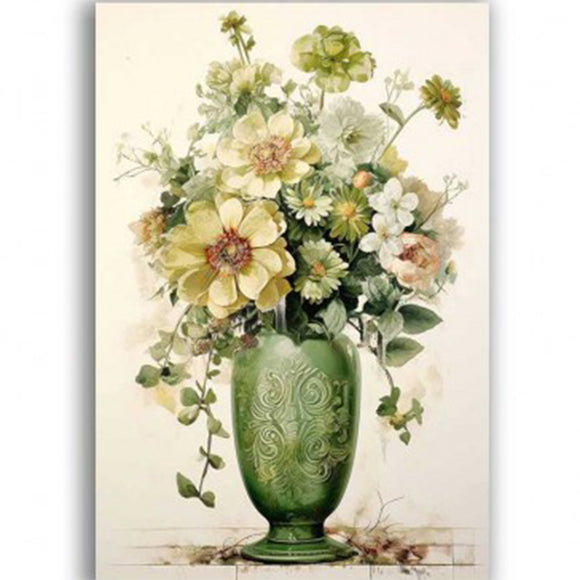 Rice paper featuring a beautiful green vase bursting with a bouquet of cream and yellow flowers.
