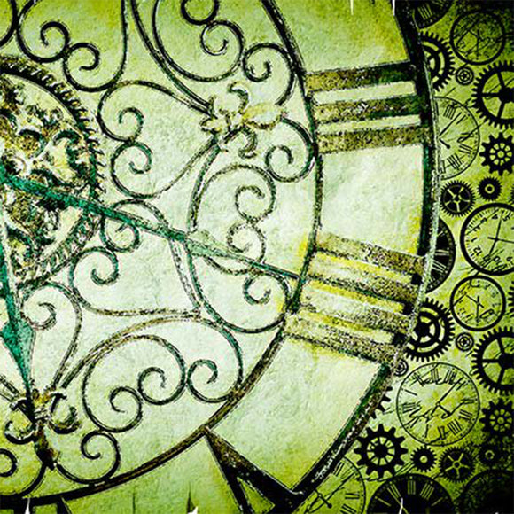 Close-up of a rice paper featuring a zoomed in image of a green clock face with intricate details and roman numerals.