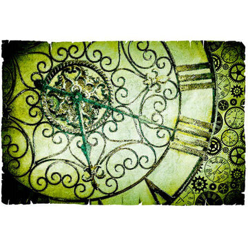 Rice paper featuring a zoomed in image of a green clock face with intricate details and roman numerals.