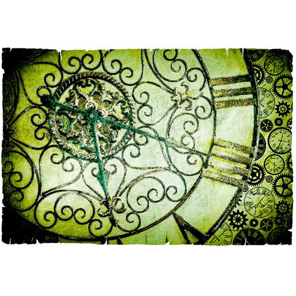 Rice paper featuring a zoomed in image of a green clock face with intricate details and roman numerals.