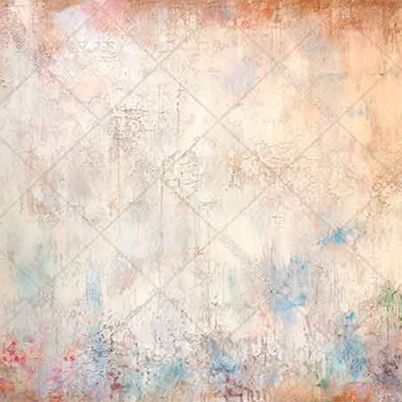 Close-up of a rice paper featuring a grungy design in soft blush pastel tones and hints of blue.