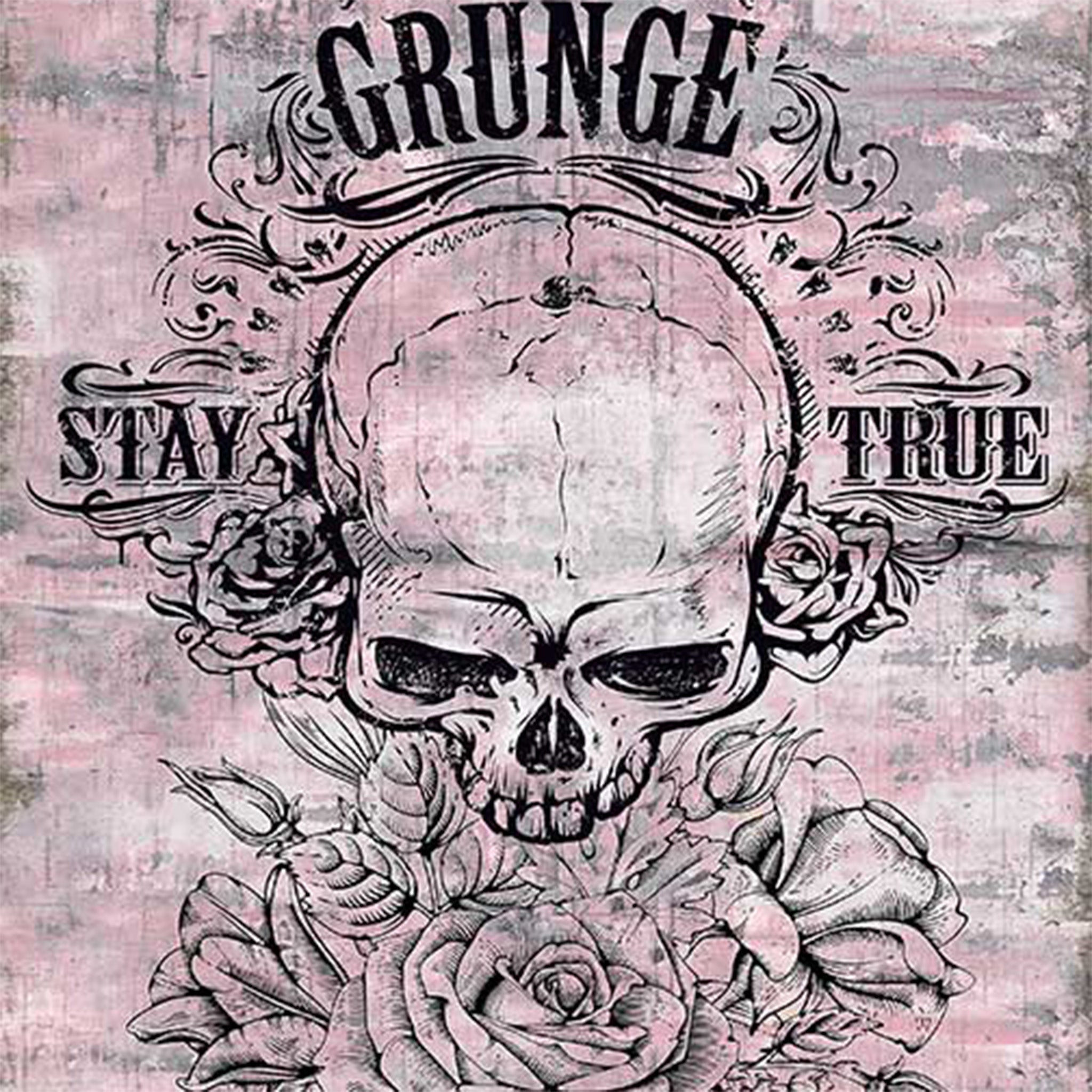 Close-up of a rice paper featuring a gray and pink design of a skull and rose motif with the words "Grunge Stay True," for a punk rock vibe. 